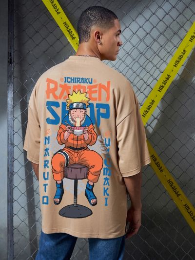 NARUTO RAMEN LOVER Graphic Oversized Beige T-Shirt/Tee