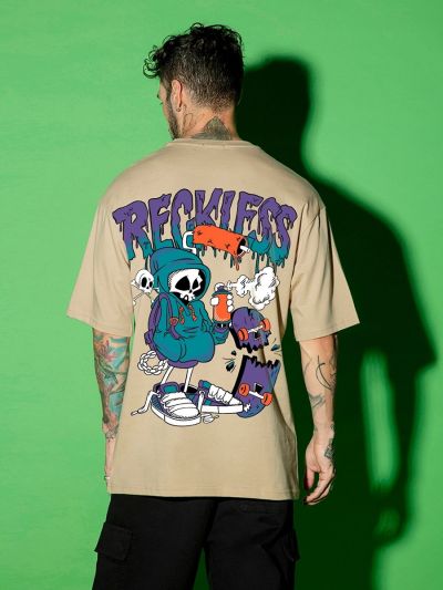 RECKLESS Graphic Oversized Beige T-Shirt/Tee