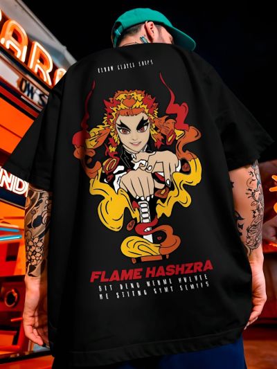 Flame Hashira - Kyojuro Rengoku : Demon Slayer Graphic Oversized Black T-Shirt/Tee