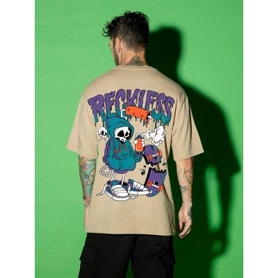 RECKLESS Graphic Oversized Beige T-Shirt/Tee