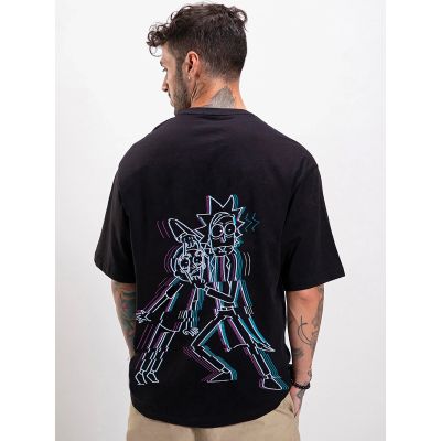 Glitch Art Rick & Morty Graphic Oversized Black T-shirt