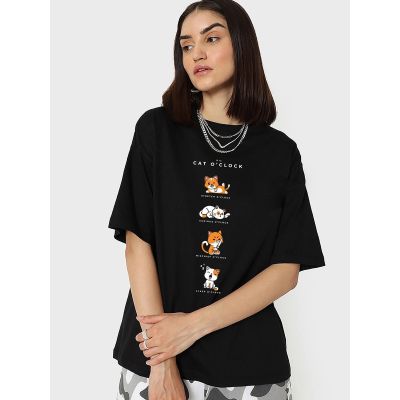 Cat O'Clock Graphic Oversized Black T-Shirt/Tee
